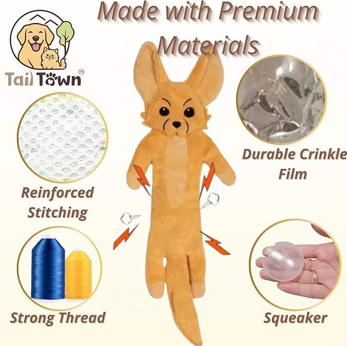 Fennec Fox Dog Toy – Squeaky & Crinkle Plush – Durable No Stuffing Chew Toy for Small Medium Large Dogs Puppies & Seniors – Interactive Safe Soft Toy for Tug Fetch Play – Tail Town