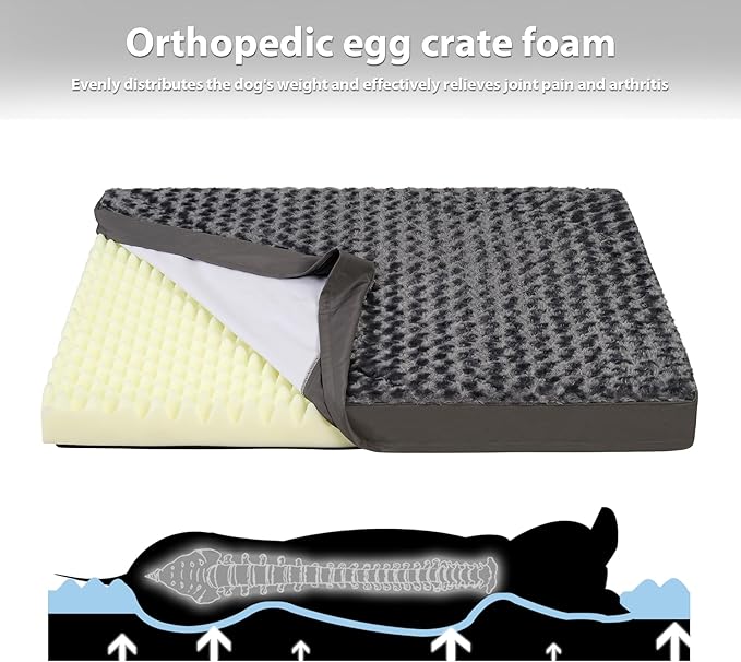 MIHIKK Dog Bed for Large Dogs, Orthopedic Pet Bed with Removable Washable Cover, Egg Crate Foam Dog Mattress Nonskid Bottom, Comfy Anti-Anxiety Puppy Mat, 35x22 inch, Dark Grey-Rose Pattern