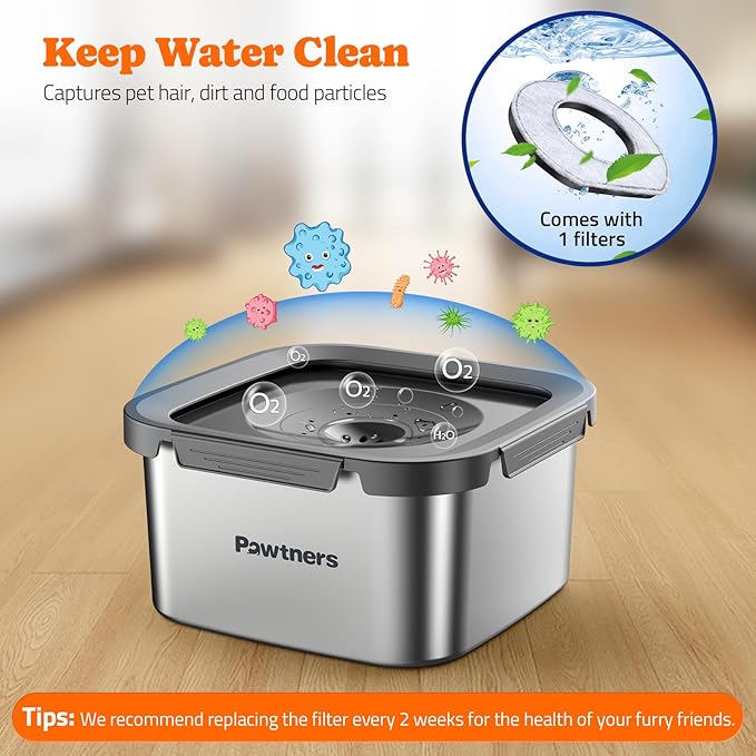 Dog Water Bowl No Spill, 4.5L Stainless Steel Dog Floating Bowl, Slow Water Bowl for Dog with Filter, Non-Slip Base, No Splash Water Bowl for Medium Large Messy Drinkers Grey