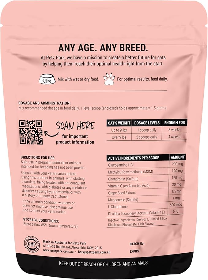 Hip and Joint Supplement for Cats - Glucosamine, Chondroitin, MSM for Joint Hip Care, Arthritis Pain Relief, Mobility Support, Cartilage Health, Inflammation Reduction - Senior Cat Support, 60 Scoops