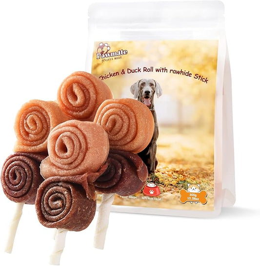 Triple Flavor Dog Treats Chicken Duck Rawhide Lollipops, Long Lasting Rawhide Sticks in Funny Shape, Healthy Chewy High Protein Training Treats Snacks for Medium Large Dogs, 4 Counts, 10.6oz