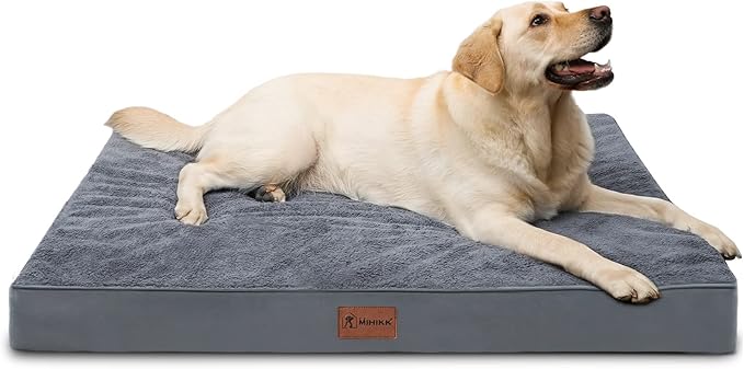 MIHIKK Waterproof Extra Large Dog Bed Orthopedic Dog Beds for Crate with Removable Washable Cover Egg-Crate Foam Pet Pad Mat with Anti-Slip Bottom, 44x32 Inch, Grey