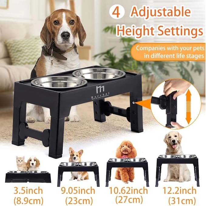 Marchul Elevated Dog Bowls, 4 Height Adjustable Raised Dog Bowls with 2 Stainless Steel Bowls,Non-Slip Dog Food and Water Bowl with Stand Adjusts to 3.5”,9.05”,10.6”,12.2” for Small Medium Large Dogs