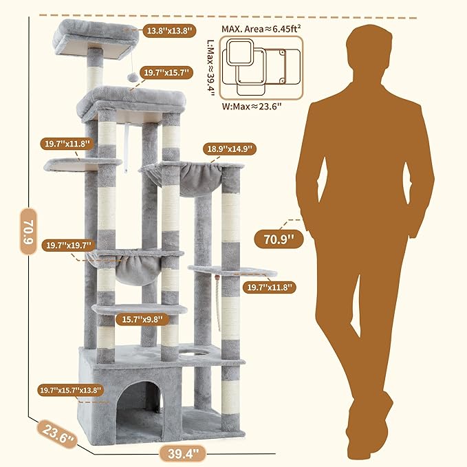 Heybly Cat Tree, 71-Inch Tall Cat Tower for Large Maine Coon Cats with Extra-Large Baseboard, Cat Condo Furniture with Multi-Level Platforms, 2 Hammocks and 12 Scratching Posts, Light Gray HCT037W