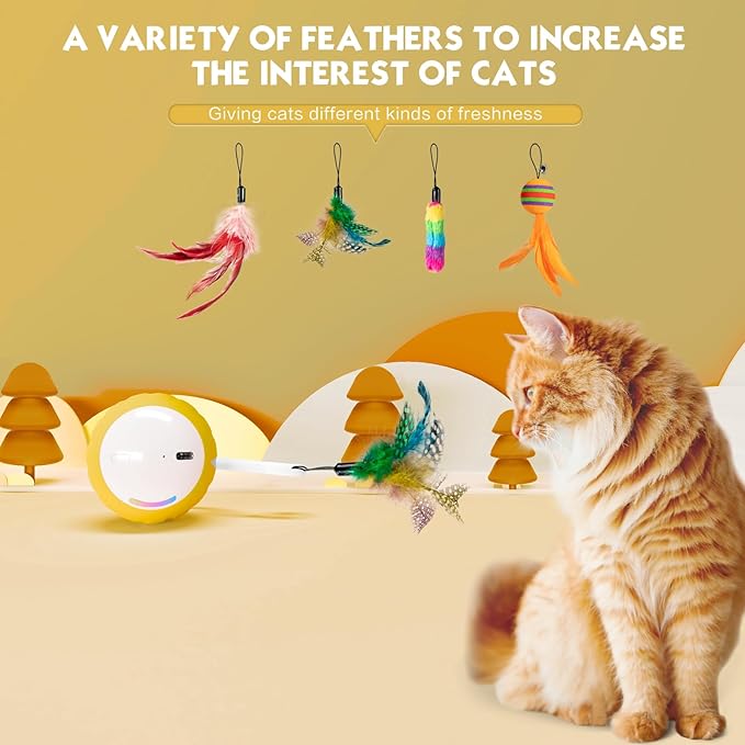 Interactive Cat Toys Ball - Electric Automatic Toys for Indoor Cats, LED Lights and Toys Feather Tail with Sound Activated and Touch, USB Rechargeable, 2peeds Mode for Bored Kittens/Adult Cats