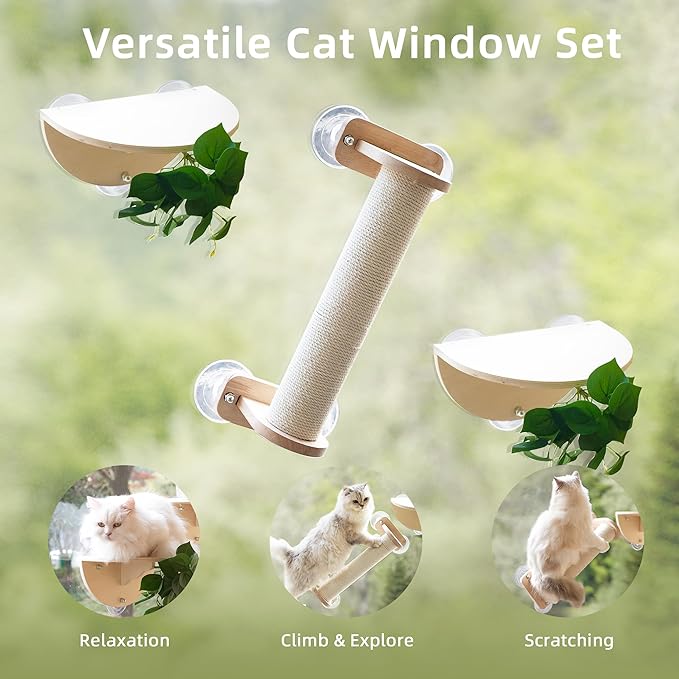 Meowoou Cat Window Scratching Post with Climbing Steps and Perches Wooden Window Mounted Cats Bed for Indoor Cats with Suction Cups(3 Pcs Cat Window Climber Set)