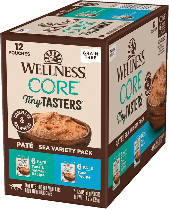 Wellness CORE Tiny Tasters Pate Adult Wet Cat Food, Natural, Protein-Rich, Grain Free, 1.75-Ounce Pouch, 12 Pack, (Seafood Variety Pack)