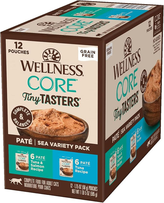 Wellness CORE Tiny Tasters Pate Adult Wet Cat Food, Natural, Protein-Rich, Grain Free, 1.75-Ounce Pouch, 12 Pack, (Seafood Variety Pack)