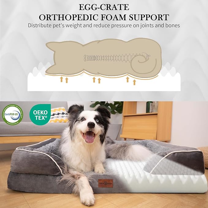 Comfort Expression Orthopedic Dog Bed for Large Dogs 36x27 Inch, Waterproof Supportive Egg Crate Foam Large Pet Bed with Removable Bolsters, Dog Couch with Washable Cover & Non-Slip Bottom, Grey