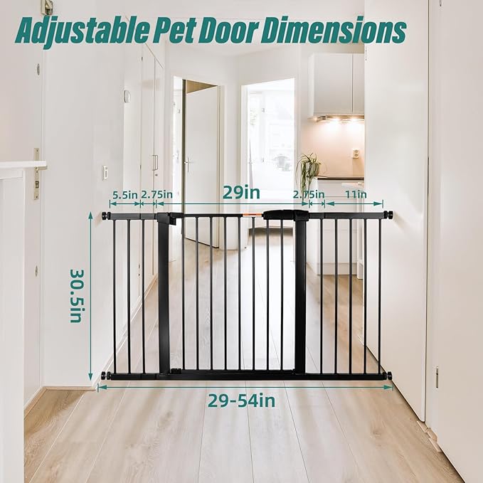 29-54" Dog Gates for Doorways No Drilling, Pet Gate Indoor, 30" Tall Metal Walk-Thru Gate, Easy One-Hand Open, Extensions & Wall Mounts Included (Black, 54" W x 30.5“H)