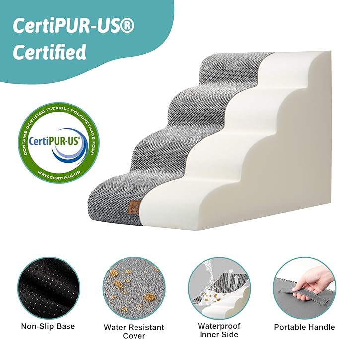 Dog Stairs for Small Dogs 19.7" H, Curved Dog Step for Puppy, Older or Cat, Medium Pet Ramp for Sofa, Couch or Bed, Ladder with High Density Foam, 4 Step, 15.7x28.3x19.7 inch, Grey