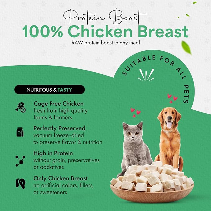 Freeze-Dried Chicken Treats for Cats & Dogs – 100% Human Grade, Single Ingredient, High-Protein, Healthy Snack – No Additives or Preservatives – 1.7oz - Inspected & Tested in USA