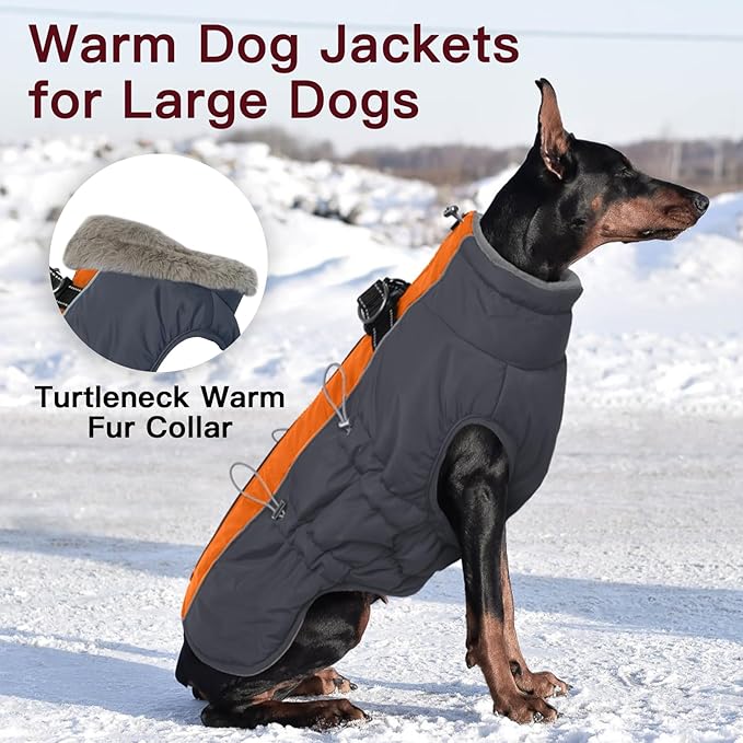 Dog Winter Jacket - XX Large, Warm Zip Up Snowsuit Dog Harness Vest, Reflective, Water-Resistant, Orange-Gray