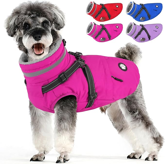 Dogcheer Dog Coat with Harness, Waterproof Dog Jacket Christmas Pet Winter Coat with Pockets, Reflective Doggy Turtleneck Fleece Jacket for Small Medium Large Dogs - Pink, M