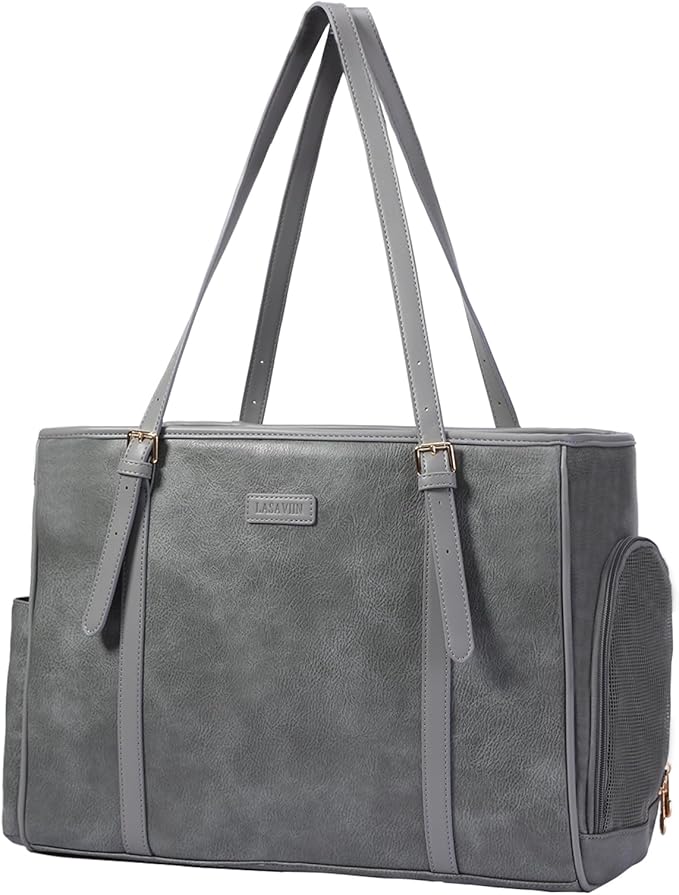 Fashion Dog Purse Pet Carrier Leather Bag for Small Dogs Cats Puppy, Portable Tote Bag Airline Approved Soft-Sided Carriers (Grey)