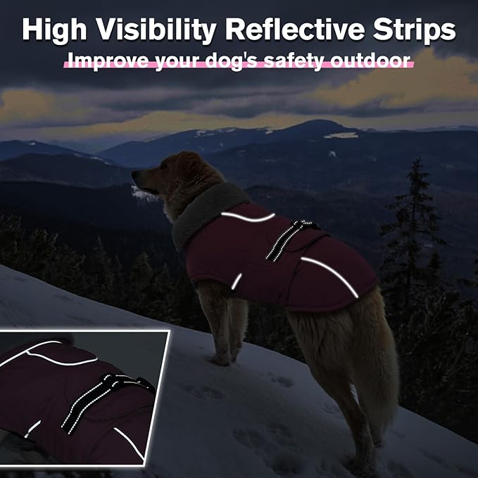Lelepet Warm Dog Coat Reflective Fleece Vest Waterproof Dog Jacket with Adjustable Buckle Hook & Loop Windproof Cold Weather Coats for Small Medium Large Dogs, Pink, XXL