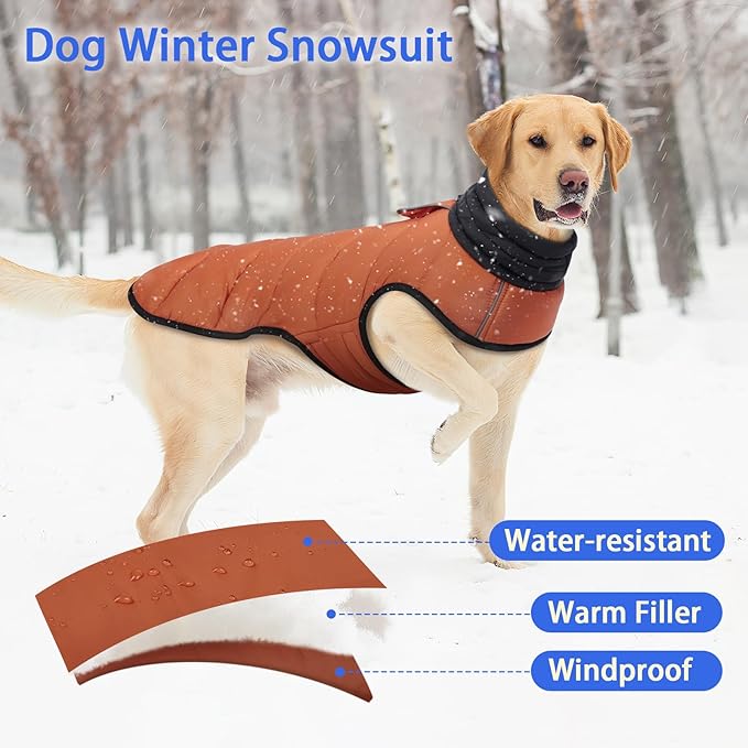 MIGOHI Lightweight Dog Puffer Jacket - Dog Winter Coat with Reflective Strips, Padded Vest with Harness Hole, Warm Snow Jacket Cold Weather, Easy On Hook & Loop Belly for Medium Dogs, Caramel, L
