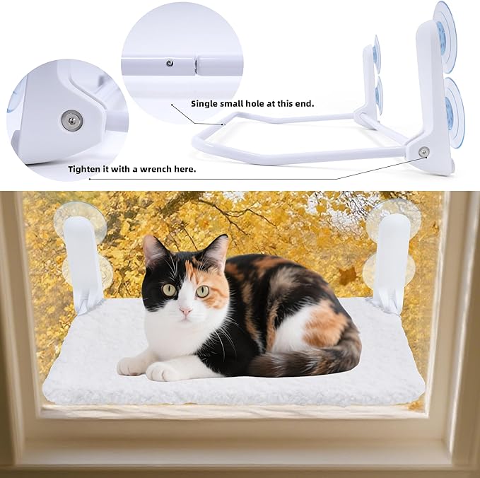 Cat Window Perch, Cordless Foldable Cat Hammock Bed with 4 Suction Cups, Embeded Machine Washable Bed for Indoor Cats, Strong Metal Frame Holds 40lbs (Beige, Two Pieces)