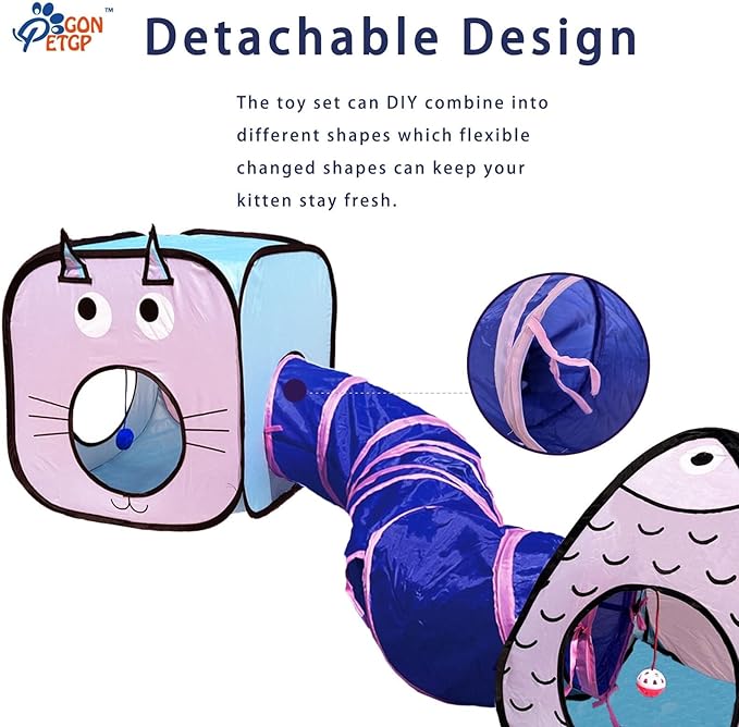 Cat Tunnel for Indoor Cats with Cube Tent Toys Combo, Crinkle Paper Collapsible Interactive Pet Cat Tubes with Play Ball and Bell for Puppy, Kitty, Kitten, Rabbit (3 in 1 Set