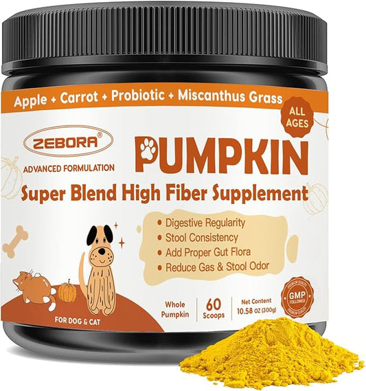 ZEBORA Pumpkin for Dogs - Natural Fiber for Dogs and Cats, Apple, Dog Probiotics for Digestive Health, Support Firm Stool, Diarrhea, Constipation, Add Water to Make Pumpkin Puree for Dogs, 10.58 oz
