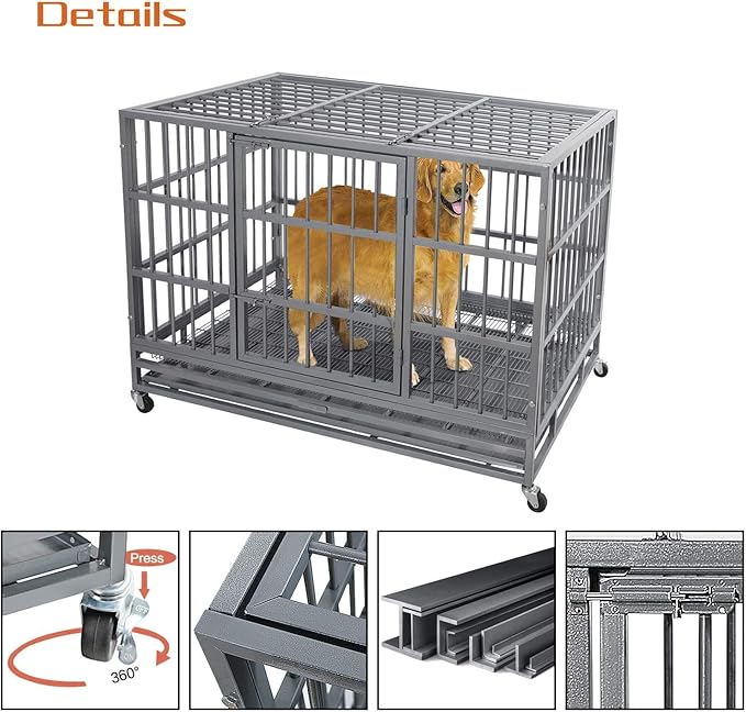Otaid 38 inch Heavy Duty Indestructible Dog Crate, Escape Proof Dog Crate for High Anxiety Dogs, Dog Cage Kennel with Wheels, Sturdy Locks Design, Double Door and Removable Tray