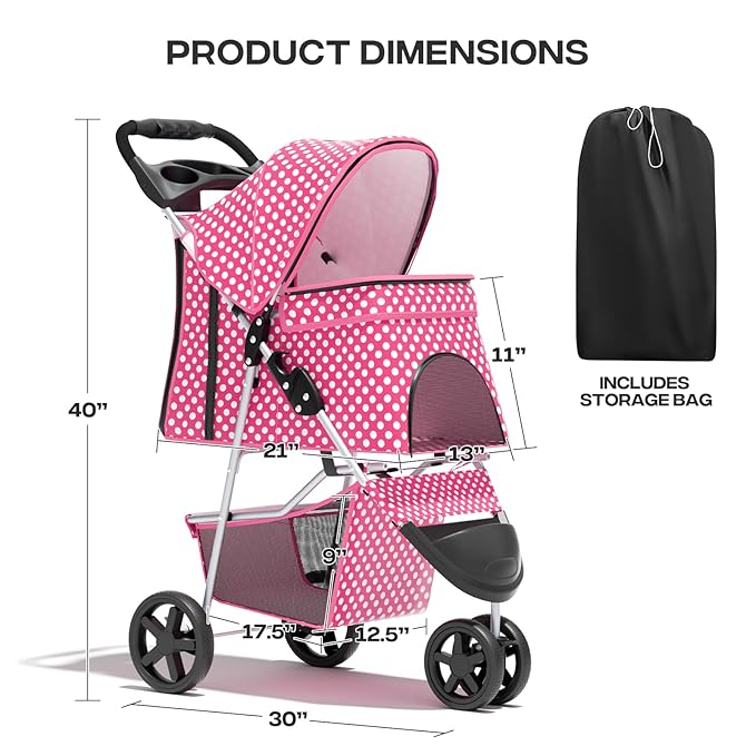 Cat Dog Stroller,3-Wheels Pet for Medium/Puppy Dogs 30 Lbs, Cat Strollers for 1 Cats, Foldable Dog Stroller with Storage Basket and Cup Holder, Breathable Mesh Pink Polka Dots