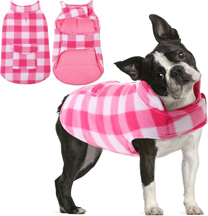 AOFITEE Dog Coat Plaid Dog Winter Coat for Small Dogs, Warm Dogs Jacket Christmas Sweater, Waterproof Pet Puffer Jacket, Reversible Pet Cold Weather Coats for Small Medium Large Pets, Pink L