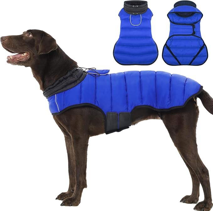 MIGOHI Lightweight Dog Puffer Jacket - Dog Winter Coat with Reflective Strips, Padded Vest with Harness Hole, Warm Snow Jacket Cold Weather, Easy On Hook & Loop Belly for Large Dogs, Blue, 3XL