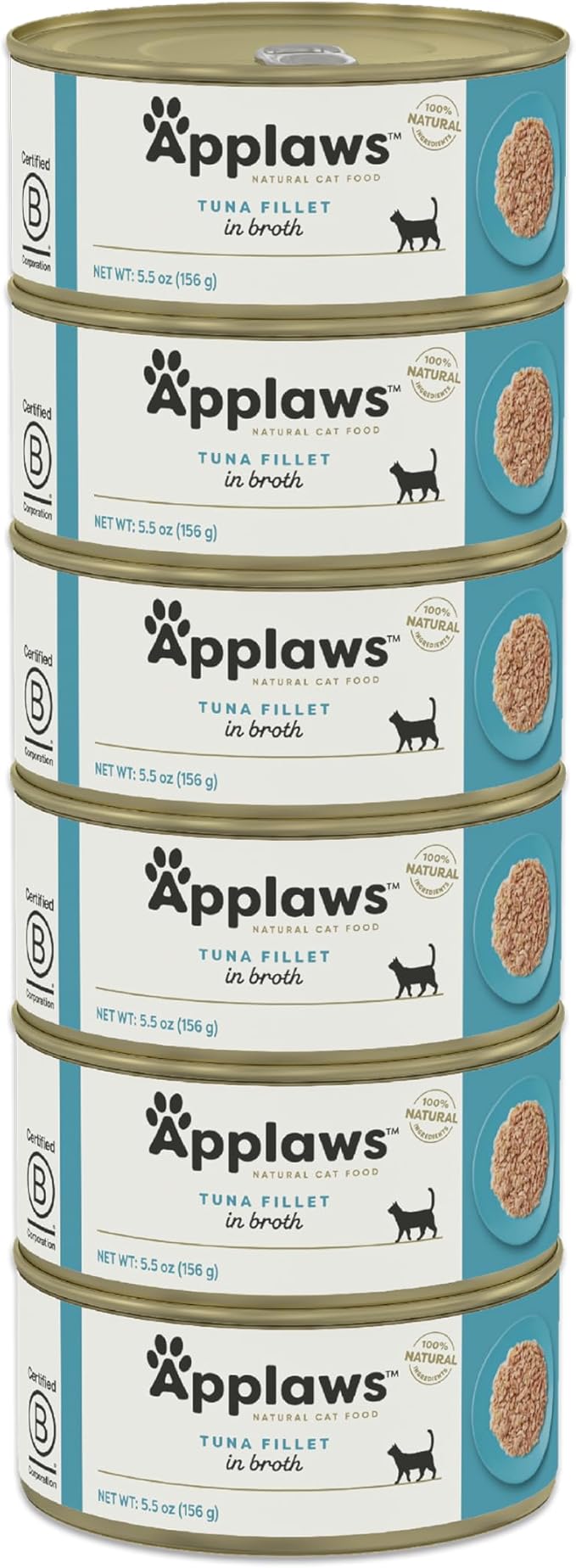 Applaws Natural Wet Cat Food in Broth, Limited and Natural Ingredients, High Protein with No Artificial Additives, Tuna Fillet in Broth (6 x 5.5oz Cans)