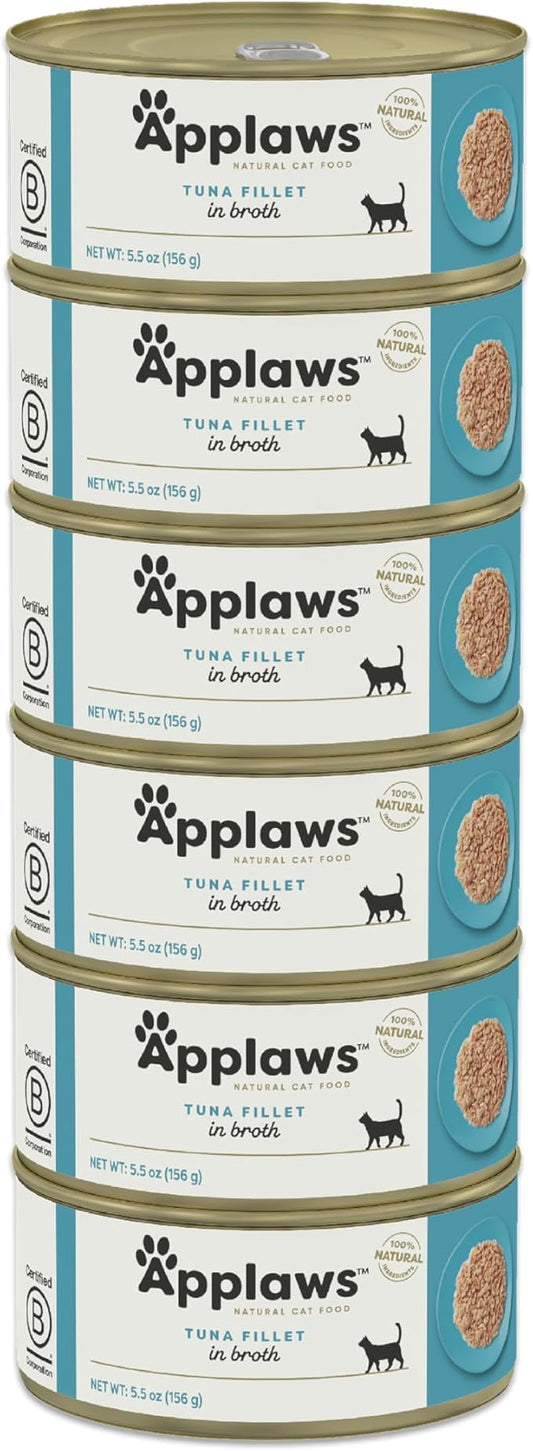 Applaws Natural Wet Cat Food in Broth, Limited and Natural Ingredients, High Protein with No Artificial Additives, Tuna Fillet in Broth (6 x 5.5oz Cans)