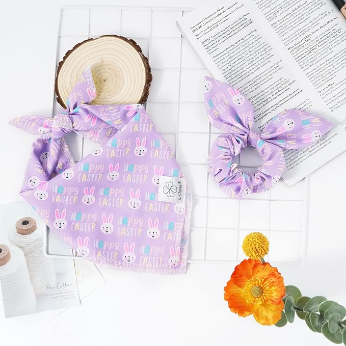 E-Clover Easter Dog Bandana & Matching Scrunchie-Bunny Dog Bandanas Pet Scarf Bib for Medium Large Dogs Girl Boy Owner Gift Purple