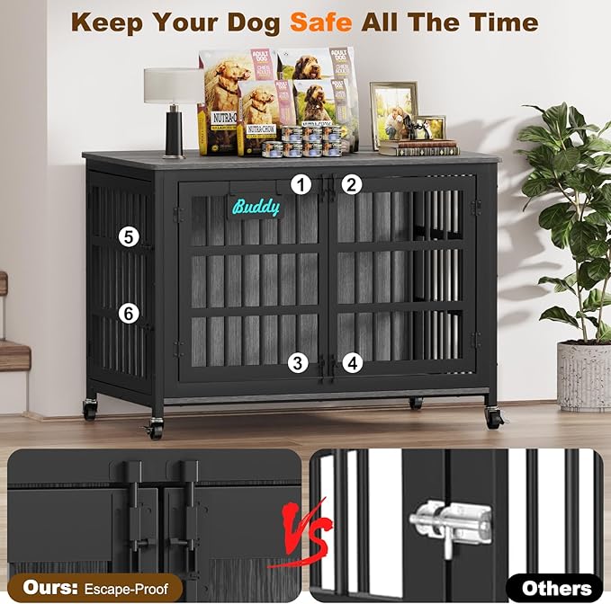 EasyCom 48"/42"/33" Dog Crate Furniture with Name Tag, Heavy Duty Dog Kennel Indoor for Large Dogs, Escape-Proof and Chew-Proof Dog Cage for high Anxiety Dog, Decorate House as TV Stand, End Table