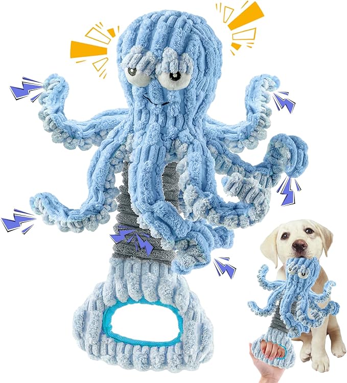 Squeaky Dog Toys, Octopus Dog Toy Interactive Tug of War Puppy Toy to Keep Them Busy (Blue)