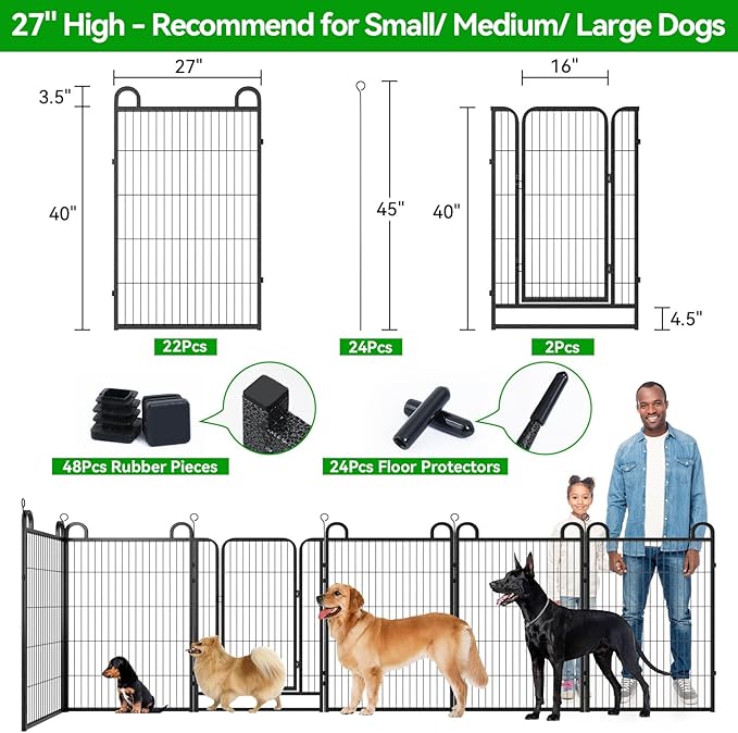 Dog Playpen Outdoor 24 Piece Panels Heavy Duty Dog Fence 40" Height Anti-Rust with Doors Portable for RV Camping Yard, Total 54FT, 227 Sq.ft, Snowy Black