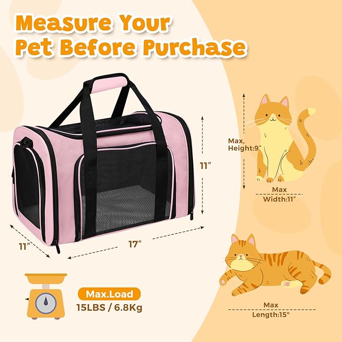 Airline Approved Pet Carrier 17"x11"x11" – Soft Sided Cat Dog Travel Bag for Small Pets up to 15 lbs, Portable Collapsible Pet Carrier Under Seat with Mesh Ventilation & Shoulder Strap(Pink)