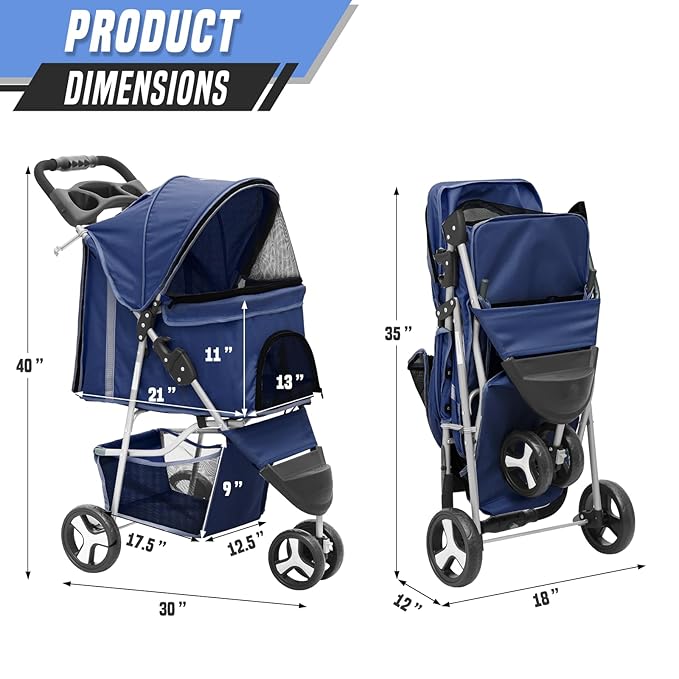 Cat & Dog Stroller, 3-Wheels Foldable Pet Stroller for Medium/Puppy Dogs & Cats, 30 Lbs, Breathable Mesh Navy with Storage Basket & Cup Holder