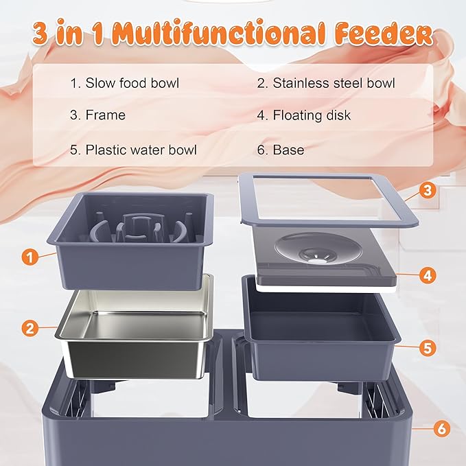 Decflow 3-in-1 Elevated Dog Bowls, 4 Height Adjustable Raised Dog Bowl with Stainless Steel Food Bowl, Slow Feeder, No Spill Water Bowls for Medium Large Dogs