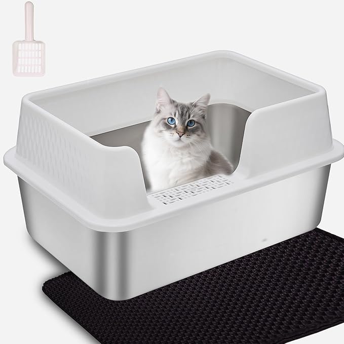 Enclosed High Sided Metal Stainless Steel Cat Litter Box with lid Scoop and Mats for Kittens or Medium Cats, Easy Clean White Deep Tall Kitty Litter Box