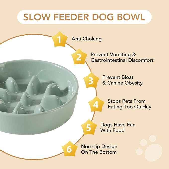 7.3inch Ceramic Dog Raised Slow Feeder Set, Elevated Bowl with Wooden Stand for Medium and Small Dog, Slow Feeder Dish for Fast Easters(Light Green, Single Bowl+ Stand)