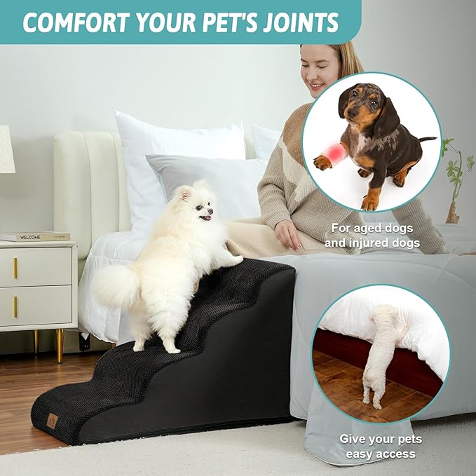 Dog Stairs for Small Dogs 19.7" H, Curved Dog Step for Puppy, Older or Cat, Medium Pet Ramp for Sofa, Couch or Bed, Ladder with High Density Foam, 4 Step, 15.7x28.3x19.7 inch, Black