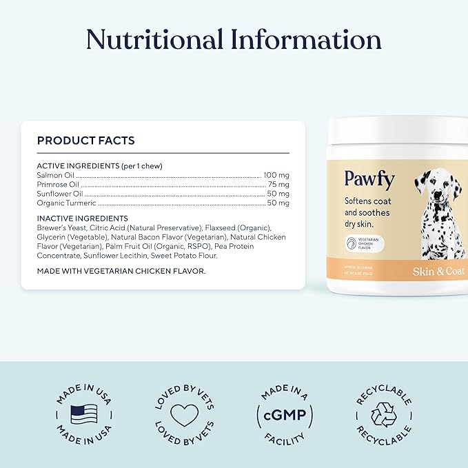 Pawfy Skin & Coat with Salmon Oil - Dog Allergy Relief Chews | Advanced Licking Paws Comfort | Dog Itching Skin Relief & Seasonal Allergies Support - Immune Support & Coat Defense | 30 Chews (Chicken)
