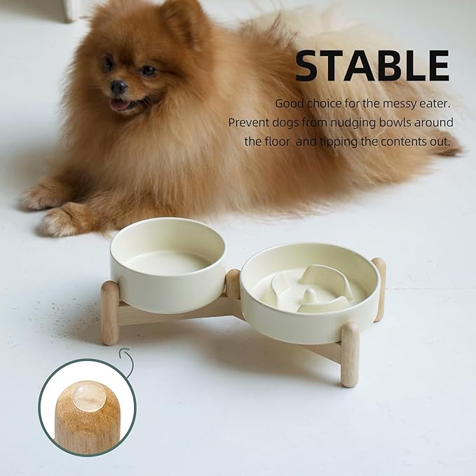 Ceramic Raised Slow Feeder Dog Bowl Set, Elevated 5.1inch Water Bowl and 6.1inch Puzzle Slow Pet Food Dish with Wooden Stand for Small Dog and Cat, Anti-Gulping (2X Beige+ Stand)