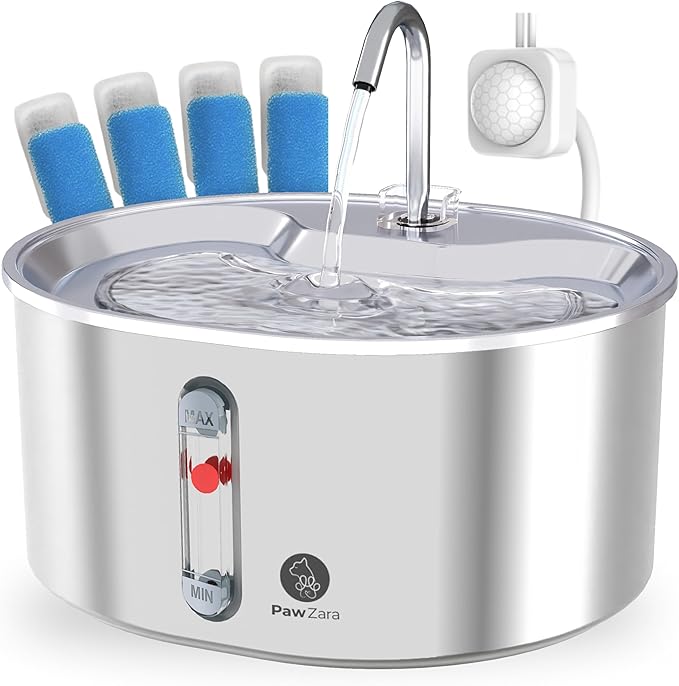 Cat Water Fountain: 108oz/3.2L Ultra Quiet with Cat Fountain Water Level Window, Pet Water Fountain Bundle with 4 Extra Filters and Motion Sensor