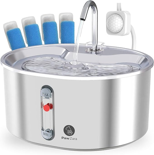 Cat Water Fountain: 108oz/3.2L Ultra Quiet with Cat Fountain Water Level Window, Pet Water Fountain Bundle with 4 Extra Filters and Motion Sensor