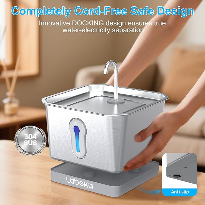 Stainless Steel Cat Water Fountain 135oz/4L:Battery Operated Wireless Cat Fountains for Drinking Indoor, Automatic Pet Water Dispenser with Ultra Quiet Pump,Multi-Filtration,Easy Clean BPA-Free