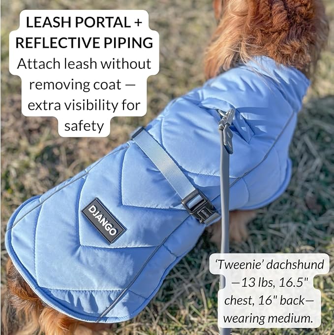 DJANGO Insulated Puffer Dog Jacket with Harness Hole – Warm, Water-Repellent Winter Dog Coat Small Dogs, Dachshunds, Puppies – Adjustable, Reflective Cold Weather Dog Apparel – Lafayette Green, Medium