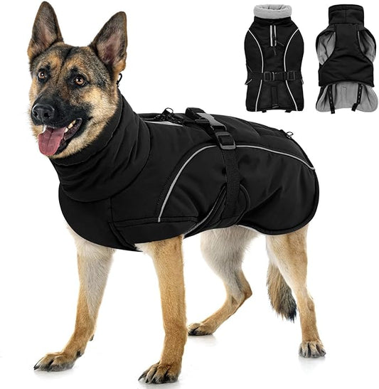 Queenmore Winter Dog Coat Warm Dog Jacket Vest Waterproof Puffer Fleece Snowsuit Adjustable Buckle Leash Hole Reflective Cold Weather Parka for Small Medium Large Dogs Girl Boy Black XL