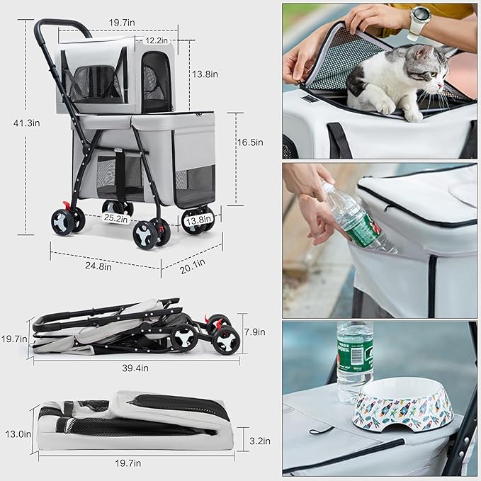 Pet Stroller Double Deck 4 Wheels - Easy-Fold Dog Cat Stroller for Small Medium Dog Cats Carrier, Travel Folding Carrier Breathable and Visible Mesh with Cup Holder（Gray）