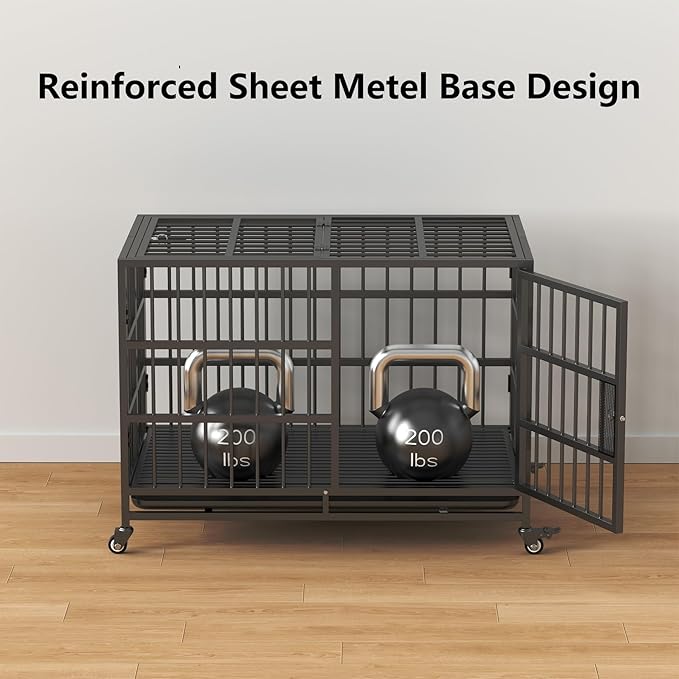 38in Heavy Duty Indestructible Dog Crate with Wheels, Rust-Resistant Folding XL Dog Cage Suitable for Medium to Large Dogs, New Upgrade Single-Handed Latch, Removable Tray, Max Load 400Lbs