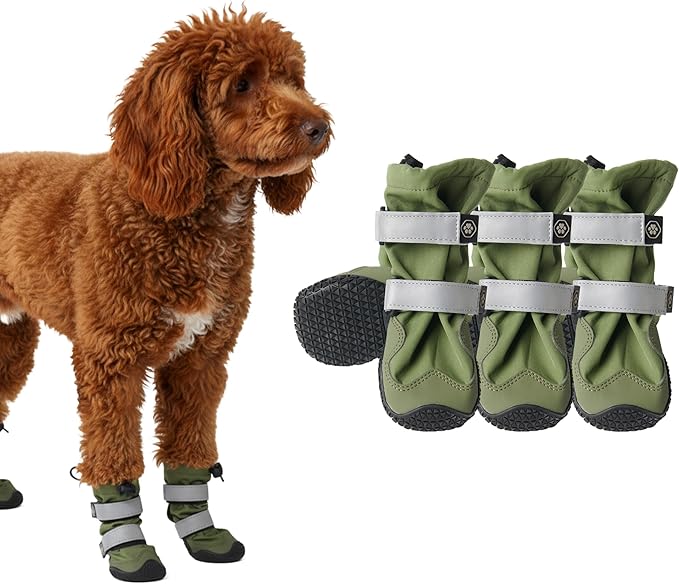 Spark Paws Dog Shoes, Waterproof Dog Boots for Medium to Large Dogs, Non Slip, Breathable Dog Booties and Paw Protectors - 4PCS Doggie Hiking Boots with Reflective Straps - Green, Size 6